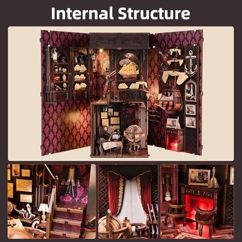 TOYQI Book Nook Kit, Book Nook Kits for Adults, DIY Miniature Dollhouse Kit 3D Wooden Puzzle Booknook Bookend with LED Light - style: Voyage Memories