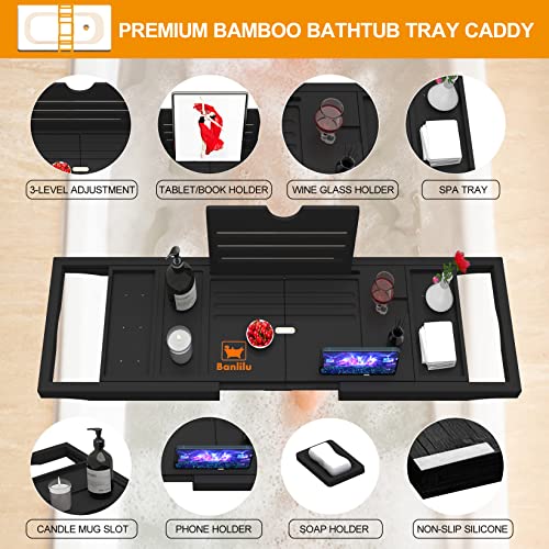 Premium Bathtub Tray Caddy - Expandable Bath Caddy Tray - Adjustable Bamboo Bath Caddy Tub Table - Unique House Warming Gifts New Home - Black - color: Black