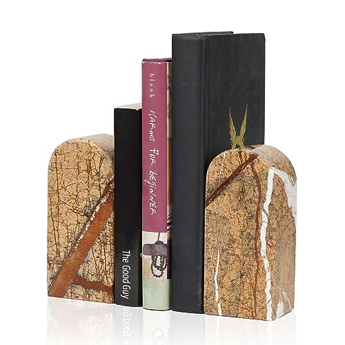 Koville Indian Natural Marble Bookends for Shelves, Decorative Book Ends, 7lbs Heavy-Duty Marble Book Holders, Bookshelf Apartment Decor for Normal Books/CD/Video Games(Rainforest Gold) - color: Brown Red Marble-rainforest Gold, size: 7lb