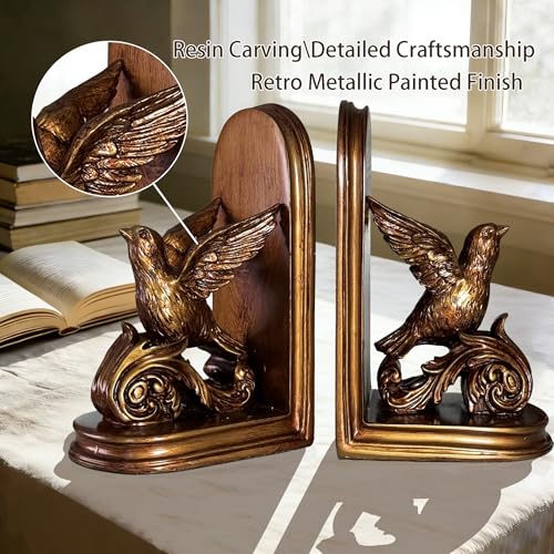 Set of 2 Vintage Bird Bookends, Decorative Bookends for Shelves, Book Ends for Heavy Books (Gold Bird) - color: Gold Bird