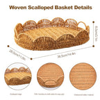 Elliptical Rattan Scalloped Tray, Woven Basket Tray with Bulit-in Handles Scalloped Edges Serving Tray for Coffee Table Living Room Home Decor 14.2" L x 10.9" W x 3.4" H