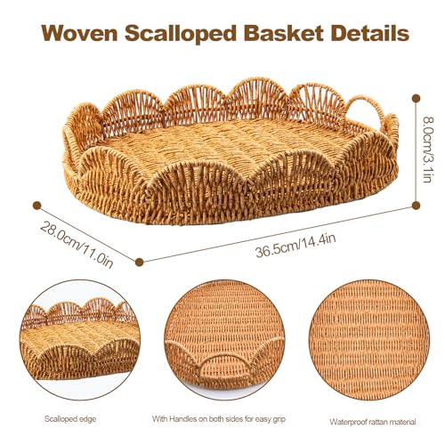 Elliptical Rattan Scalloped Tray, Woven Basket Tray with Bulit-in Handles Scalloped Edges Serving Tray for Coffee Table Living Room Home Decor 14.2" L x 10.9" W x 3.4" H