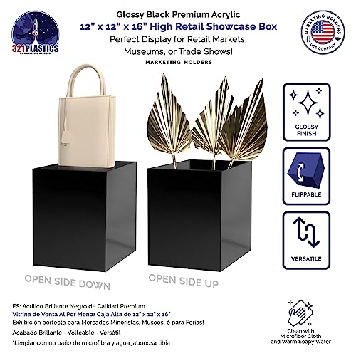 12" x 12" x 16" Glossy Black Acrylic Display Box with One Open Side No Lid Versatile Tall Retail Product Riser or Merchandise Storage Bin by Marketing Holders - color: Glossy Black, size: 12"w x 12"d x 16"h