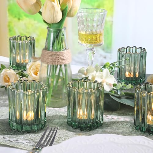 HAVITI 6 Pcs Votive Candle Holder, Green Glass Candle Holders, Tealight Candle Holder for Wedding Centerpieces Dinner Party Table Decor - color: Green
