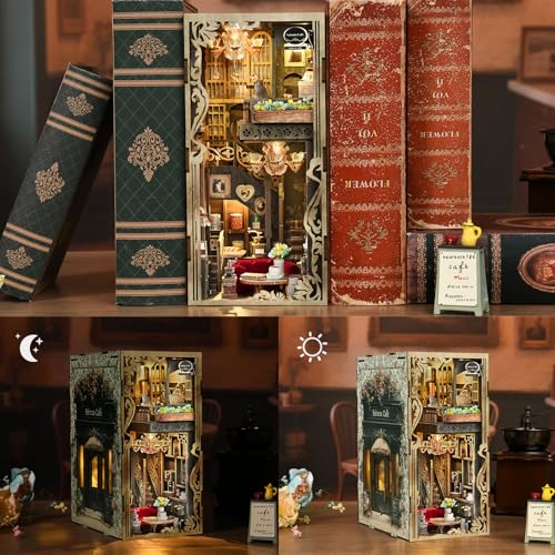 CCCDF Book Nook Kits for Adults and Teens, DIY Miniature Dollhouse Kit 3D Wooden Puzzle Booknook Bookend with LED Light, Gifts for Family, Friends (Saison Café) - style: Saison Café