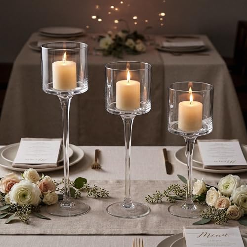 Royal Imports Glass Candleholder Flower Vase, Floating & Pillar Candle Centerpiece Display, Decorative Hurricane on Pedestal for Home or Wedding Set of 3, Clear - color: Clear