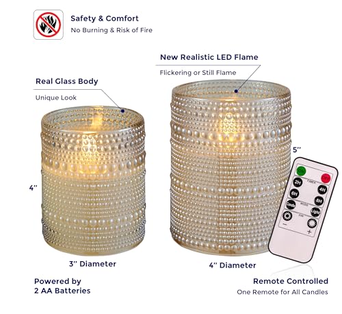 VENTA Beyond The Flame Mesmerizing Dotted Glass Candles | Set of 2 Ivory LED Pillars | Create a Magical, Worry-Free Glow with Remote & Timer | Perfect for Home, Holiday & Wedding Ambiance - color: Dotted Glass Ivory