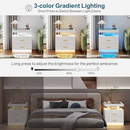LED Nightstand with Wireless Charging Station - Modern Night Stand with Lights, Glass Top Bedside Table with Drawers for Bedroom, Glossy End Table with Human Body Induction (White) - color: White 2 Drawers-glass Top