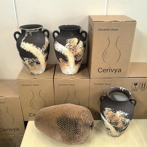 10 Inch Hand-Sculpted Ceramic Flower Vase, Vintage Terracotta Vase with Handles, Decorative Pottery for Home Decor and Office (Matte Black and Dark Brown)