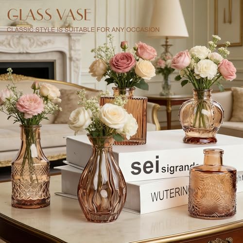 Petal Petite Glass Vase Set of 6 Small Amber Glass Bud Vases, Mini Vintage Flower Vases for Wedding Centerpieces & Table Décor, Champagne Vases in Bulk for Single Stem, Home and Office Decor - color: Amber