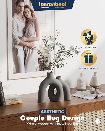 Hug Donut Decorative Vase Set - Dark Gray Modern Minimalism Industrial Style Vases Home Decor, Matte Ceramic Decorations for Living Room Shelf, Bookshelf Mantle Entryway Table or Console Décor(Gray) - color: Gray