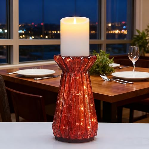Home Decor, Mercury Glass Pillar Candle Pedestal Holders with 10 Led Lights, Lighted up Candle Holders for Pillar Candle, Glass Candlestick Holders with Timer for Wedding Home Dining Table Xmas (Red) - color: Red
