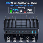 chipofy 500W Charging Station for Multiple Devices, 10-Port Multi USB C Fast Charger Station with Organizer Stand for MacBook Laptop, iPad, iPhone 17 16 Pro Max, Galaxy S25/S24 and More