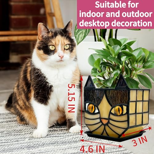 Yellow Cat Plant Pot with Drainage,Cute Planters for Indoor Plants,Stained Glass Cat Flower Pots,Fun Candle Holder Glass Container,Gifts for Gardeners Woman - color: Black-yellow