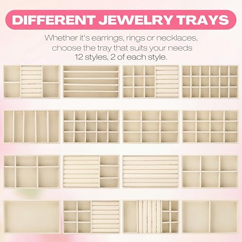 Landical 32 Pcs Jewelry Tray Velvet Stackable Jewelry Organizer Trays Drawer with Divider Earring Ring Necklace Display (Beige)