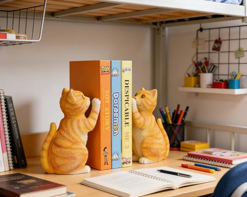 Cute Cat Bookends for Shelves, Heavy Duty Bookends, Decorative Bookends for Kids Books, Non-Skid Design, Orange Cat Statue Enthusiasts Gifts - color: Orange