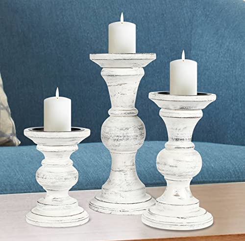 Candle Stands Wooden for Pillar Candles,Rounded Turned Colums, Sustainable Woods, Country Style, Ideal for Reiki, Aromatherapy, Votive Candle Gardens Home décor - 10,8,6 Inch Set of 3 - Antique White - color: Antique White, size: 10,8,6 Inch Mid Rib