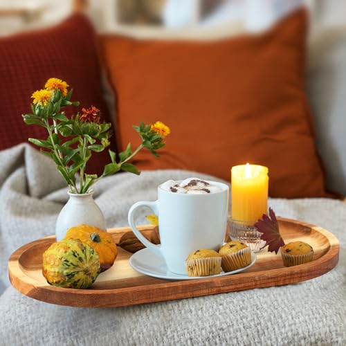 Yaomiao 4 Pcs Acacia Wooden Serving Tray Oval Shaped Rustic Wood Plates Large Decorative Natural Tray Serving Platter for Food Charcuterie Cheese Dish Bread Fruit Kitchen(14 x 7 Inch) - size: 14 x 7 Inch