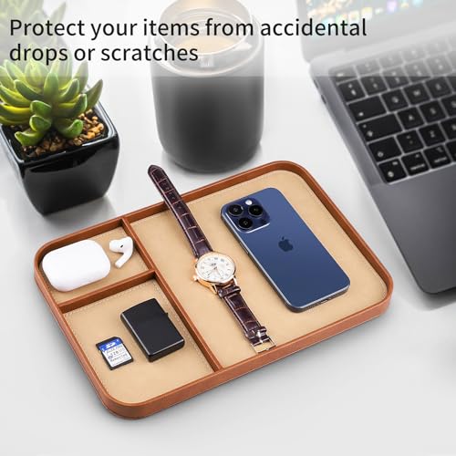 SENEN Leather Tray, Stylish and Organized Multifunctional Tray, for Table Entryway, Premium PU Leather, Catchall Tray for Keys, Watch, Wallet, Jewelry, and More (Brown Frame) - color: Brown Frame