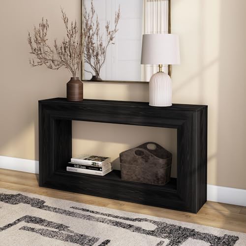 Plank+Beam Grande 56” Console Table with Bottom Shelf, Solid Pine Wood Entryway & Sofa Table, Black Wirebrush Finish - color: Black Wirebrush, size: 56 Inch with Shelf