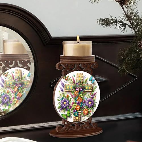 ARTopet DIY Diamond Art Painting Candlestick Holders Wooden Desk Candle Holder Ornament Double Sided Diamond Tabletop Ornaments for Home Decor-Flower Cross - color: Flower Cross