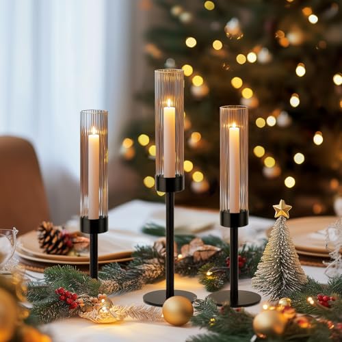 Black Hurricane Candle Holders, Set of 6 Glass Taper Candlestick Holders Metal Candle Stands Bulk with Ribbed Glass Cover for Dining Tables Wedding Candelabra Centerpieces Decor - color: Black