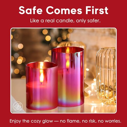 Eywamage Red Glass Flameless Pillar Candles with Remote, Flickering Christmas Battery LED Candles Holiday Decor Set of 3 - color: Red