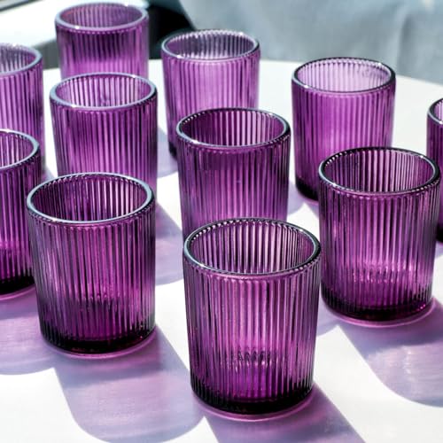 VOHO 12pcs Purple Votive Candle Holders for Christmas Holiday Decorations, Vintage Glass Votive Candle Holder for Coffee Table Centerpiece, Ribbed Tealight Candle Holder for Birthday Gifts - color: Purple