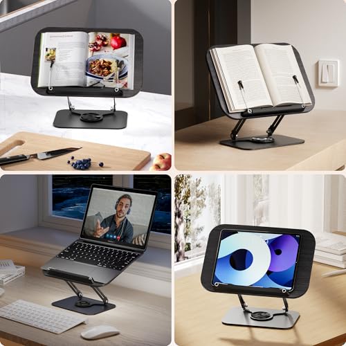 SupeDesk Book Stand for Reading, Adjustable Book Holder with 360° Rotating Bases, Foldable Designs, and Elastic Clips, Multifunctional Display Stand for Recipe, Cookbooks, Magazines, Tablets, Laptops - color: Black Wood