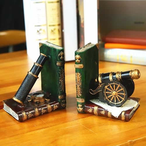 Brown Nostalgic Nautical Bookend Telescope Book Supports Anti-Slip Base Resin (Set of 2) Book Ends to Hold Books Nautical Enthusiast Home Office Shelf Bookcase Decor Gift