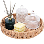 Round Woven Coffee Table Ottoman Tray with Handles - 11.8" x 1.9" Water Hyacinth Wicker Serving Tray, Decorative Storage Basket for Home & Kitchen.