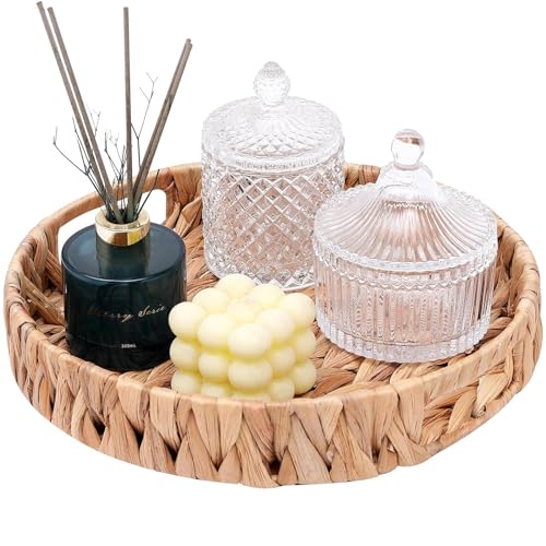 Round Woven Coffee Table Ottoman Tray with Handles - 11.8" x 1.9" Water Hyacinth Wicker Serving Tray, Decorative Storage Basket for Home & Kitchen.