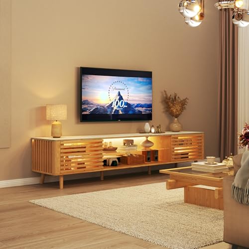 HUAHUU 70" TV Stand for 55/65/75 Inch TV, Faux Marble Top Entertainment Center with Slatied Sliding Door & LED Lights, Mid Century Modern Style, Low TV Console with Glass Shelves for Bedroom