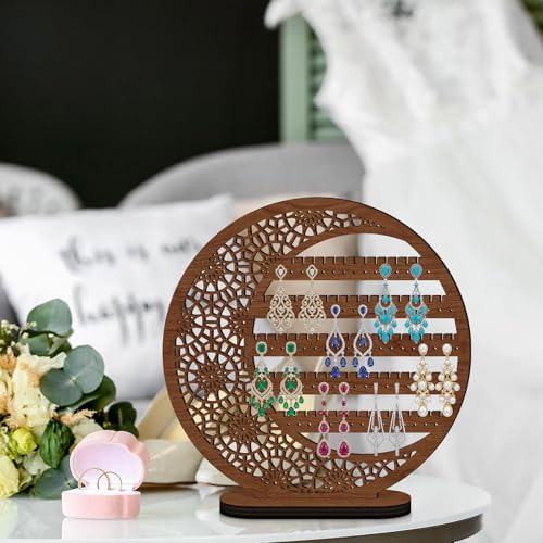 Kathfly Large Boho Moon Wooden Earring Display Organizer Stand Gift 10 Inch Floral Goth Earrings Stud Jewelry Holder Dangle Hanging Holder Gift for Women(Brown) - color: Brown