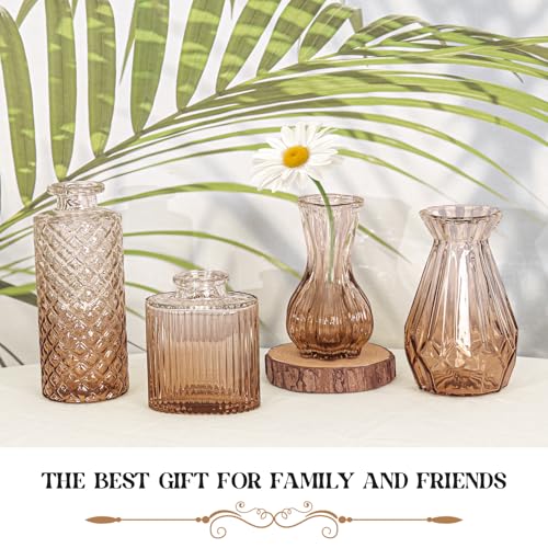 Set of 4 Glass Bud Vase Set, Small Vintage Clear Flower Vase Centerpieces for Table Bulk Cute Rustic Style Mini Vase for Home Decor Wedding Baby Shower Birthday Party(Ombre Amber) - color: Ombre Amber