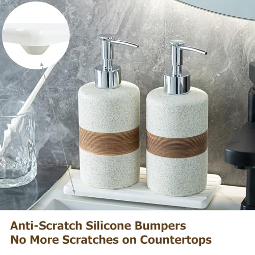 2-Pack Ceramic Soap Dispensers Set, Includes Stainless Steel Pump, Silicone Funnel and Diatomaceous Tray, Hand Soap, Dish Soap, Shampoo and Conditioner Dispenser for Bathroom & Washroom, White - color: White and White, size: 2xSoap Dispenser Set with Tray