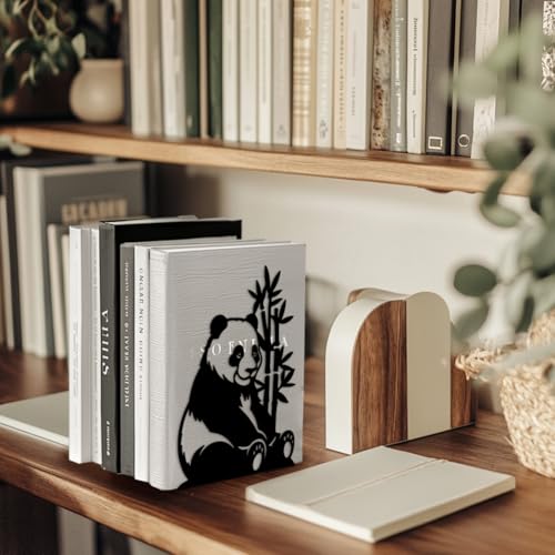 Peacoblue Metal Bookends for Shelves, Modern Decorative Heavy Duty Study Book Support Stoppers for Office, Desk, Shelf, Room 5.3"x4.3"x7.5" Cast Iron Simple Tall Bookends, 1 Pair (Panda and Bamboo) - style: Panda and Bamboo