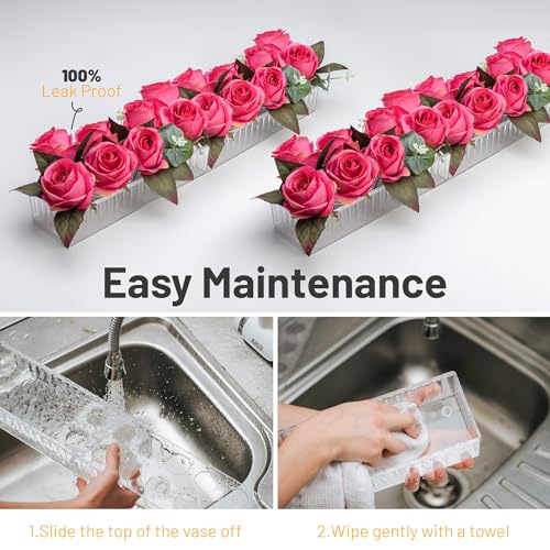 2 Pack Leak-Proof Wave Design Acrylic Long Vases for Centerpieces - 24" Clear Flower Rectangle Vase as Floral Centerpieces for Tables, Long Flower Vase with 12 Holes as Flower Arrangement Holder