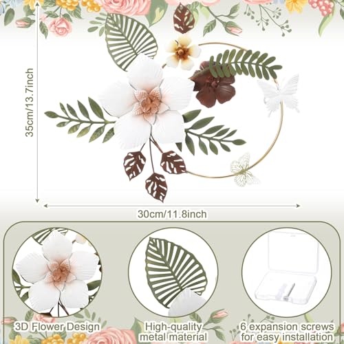 3D Metal Flower Wall Decor - 13.78'' Gold Circle Floral Wall Art with Green Tropical Leaves and Butterflies, Modern Boho Rustic Hanging Sculpture for Living Room Bedroom Bathroom Entryway Kitchen - style: Stylish Style