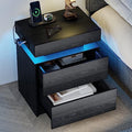 LIKIMIO Night Stand with Charging Station, Modern Black Nightstand with LED Light and Drawers, Bedside Tables/End Table for Bedroom - color: Black