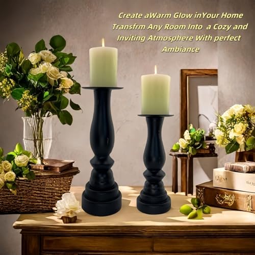 Black Worn Pillar Candle Holder - Rustic Wooden Farmhouse Candlestick Holders for - 2 Piece Set - color: Black-01
