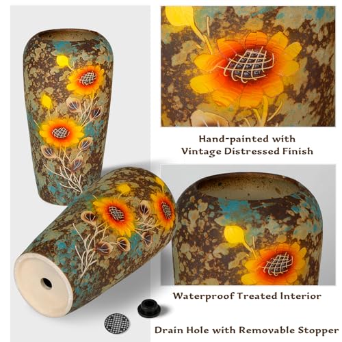 13.2 Inch Ceramic Flower Vase with Drainage Hole, Hand-Painted Sunflower Decorative Vase for Indoor & Outdoor Use, Available in Blue & Rust Color, Includes Rubber Stopper & Mesh Pad - color: Brown-sunflower