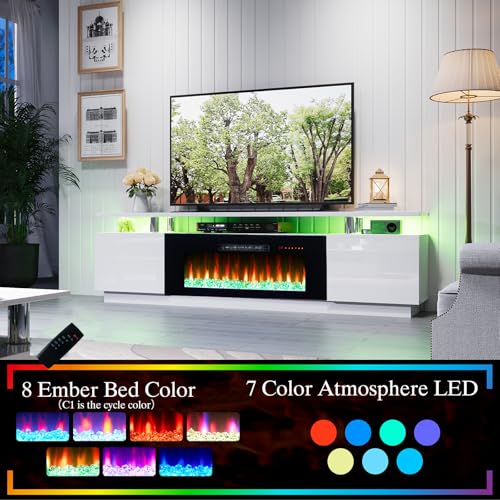 AMERLIFE Fireplace TV Stand with 40" Fireplace, 80" Modern Fireplace Entertainment Center LED Lights, 2 Tier TV Console Cabinet for TVs Up to 90", Ivory White - color: White & Black, size: 80"