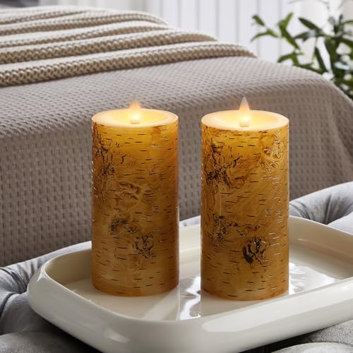 Birch Bark Wax Flameless Candles with Remote Timer, Last 400-Hour with 2AA Batteries, 3D Moving Flame Led Candles, Set of 2(3''x6''), Remote Included(Birch bark). - color: Birch bark