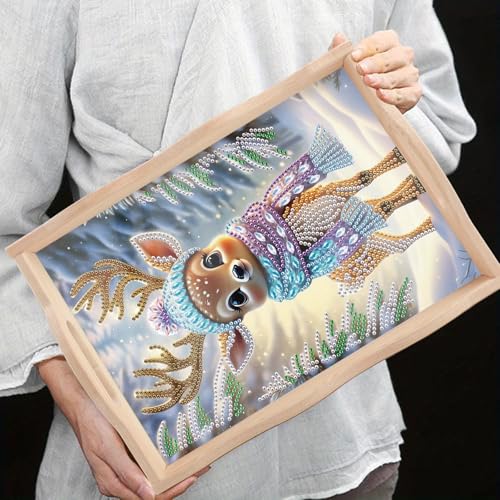 DIY Diamond Art Tray Wooden Pallet kits, Scarf Hat Pretty Deer 5D Cartoon Handle Craft Painting kit, suitable for home, party, bar, Christmas, also can be used as a gift for relatives and friends - color: Fawn