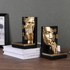 Gold Thinker Bookends,Abstract Face Resin Book Ends with Puzzle Pattern,Modern Decorative Book Stoppers for Shelf,Desk & Office Decor,Heavy Duty Non-Slip,Set of 2 (Set A)