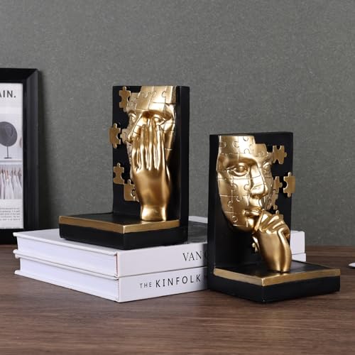 Gold Thinker Bookends,Abstract Face Resin Book Ends with Puzzle Pattern,Modern Decorative Book Stoppers for Shelf,Desk & Office Decor,Heavy Duty Non-Slip,Set of 2 (Set A)