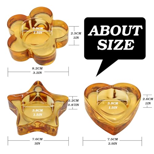 Votive Candle Holders Set of 12 for Table Centerpiece（3 Sizes,Heart/Flower/Star,Amber Glass Tea Light Candle Holders Bulk for Birthday Party,Wedding,Fall Home Decor, Festival Decorative(Amber) - color: Amber