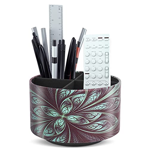 lizimandu Round Leather Art Supply Organizer,Remote Control Holder,360 Degree Rotating,Multi-Functional Pencil Holder,4 Compartments Desktop Stationary Organizer(1-Green Flower) - color: 1-Green Flower