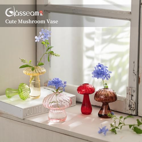 Glasseam Glass Plant Propagation Stations: Set of 5 Colored Mushroom Decor Mini Terrarium Small Vase for Flowers - Indoor Windows Hydroponic Holder Plant Lover Gifts - color: Colorful, size: 5